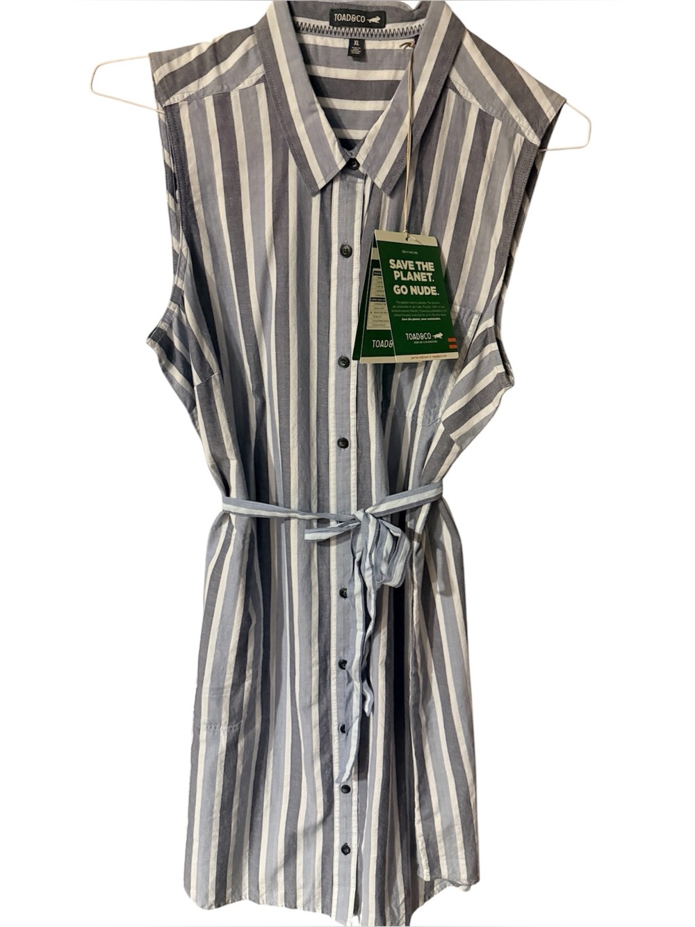 TOAD & Co indigo ridge Sleeveless Blue-White Striped Button-Down Shirt Dress XL